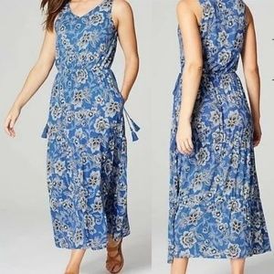 J Jill Floral Print Knit Maxi Dress with Pockets & Drawstring Waist Blue